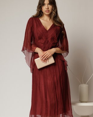 Rochie midi caramizie din matase clos si decolteu V