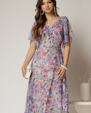 Rochie midi bleu din voal cu imprimeuri fucsia si nasturi pe bust