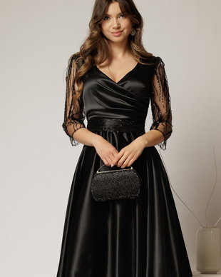 Rochie Adria neagra din tafta in clos cu cordon in talie