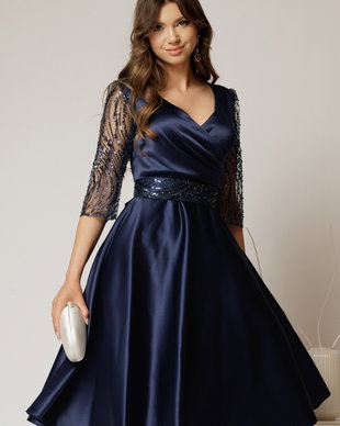 Rochie Adria bleumarin din tafta in clos cu cordon in talie