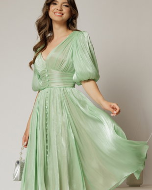 Rochie DY Fashion verde fistic cu decolteu adanc si nasturi din voal peliculizat