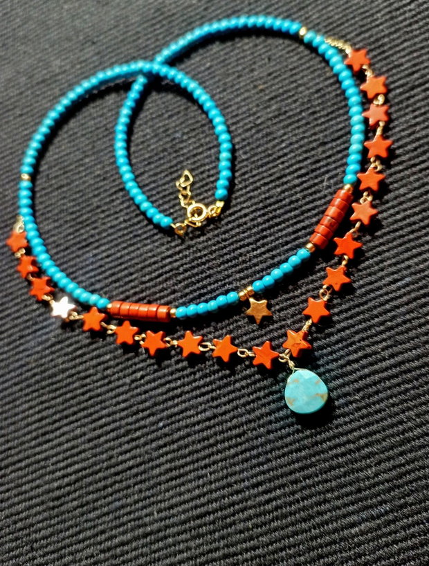 Colier vermeil turcoaz reconstruit si natural brioleta jasp rosu heishi stelute charm argint placat cu aur steluta lant vermeil minimalist boho chic trendy