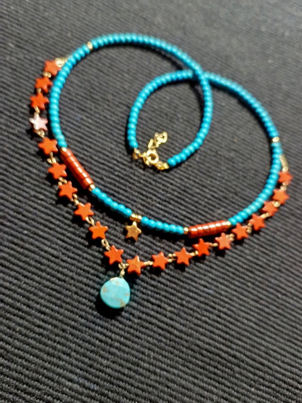 Colier vermeil turcoaz reconstruit si natural brioleta jasp rosu heishi stelute charm argint placat cu aur steluta lant vermeil minimalist boho chic trendy