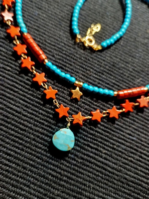 Colier vermeil turcoaz reconstruit si natural brioleta jasp rosu heishi stelute charm argint placat cu aur steluta lant vermeil minimalist boho chic trendy