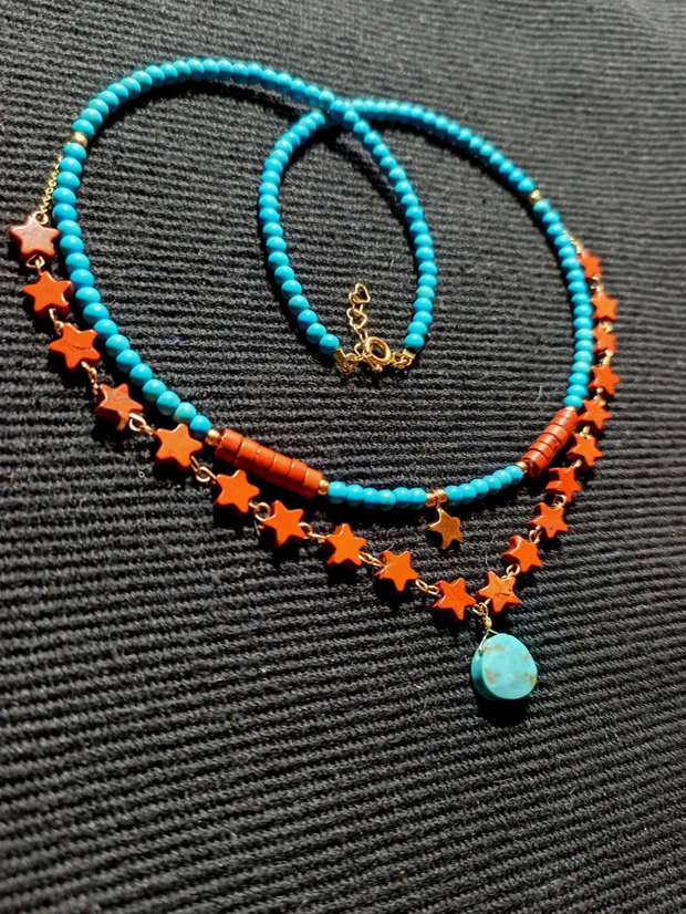 Colier vermeil turcoaz reconstruit si natural brioleta jasp rosu heishi stelute charm argint placat cu aur steluta lant vermeil minimalist boho chic trendy