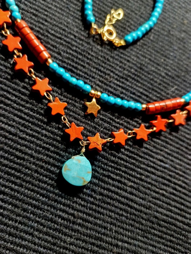Colier vermeil turcoaz reconstruit si natural brioleta jasp rosu heishi stelute charm argint placat cu aur steluta lant vermeil minimalist boho chic trendy