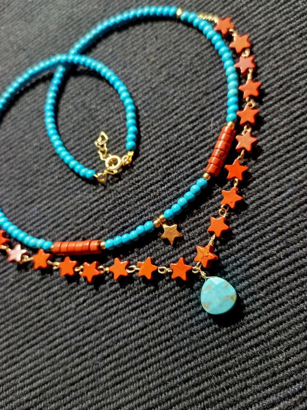 Colier vermeil turcoaz reconstruit si natural brioleta jasp rosu heishi stelute charm argint placat cu aur steluta lant vermeil minimalist boho chic trendy
