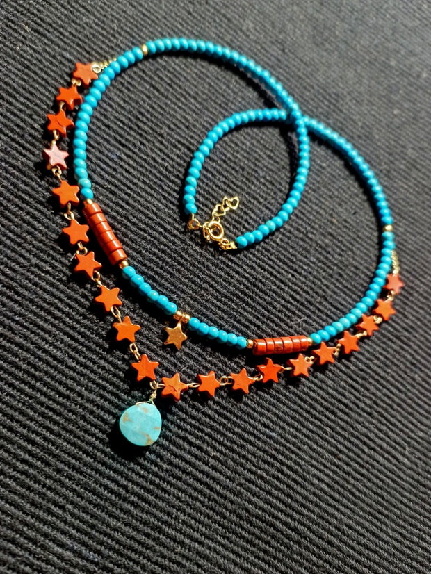 Colier vermeil turcoaz reconstruit si natural brioleta jasp rosu heishi stelute charm argint placat cu aur steluta lant vermeil minimalist boho chic trendy