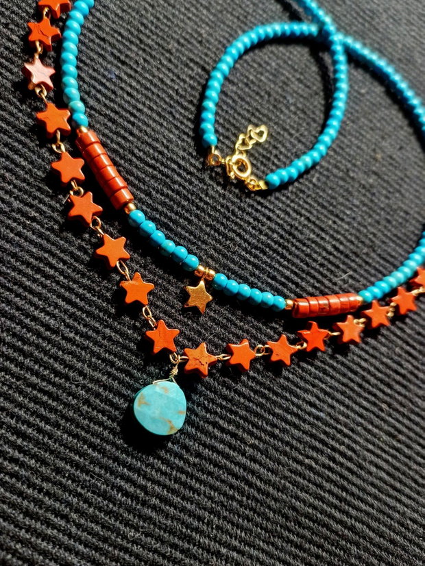 Colier vermeil turcoaz reconstruit si natural brioleta jasp rosu heishi stelute charm argint placat cu aur steluta lant vermeil minimalist boho chic trendy