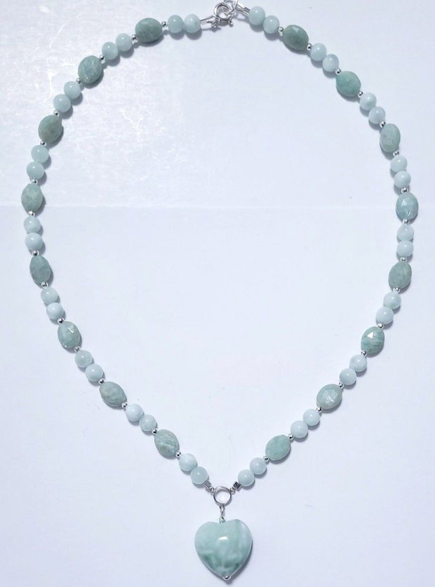 Colier argint 925 cu larimar verde, amazonit si hematit