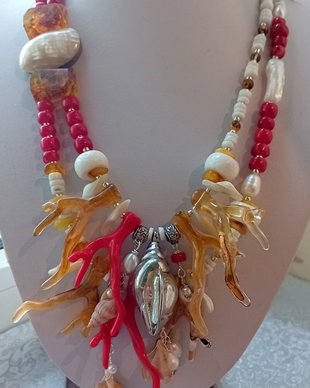 Colier coral,chihlimbar,sidef,perle cultura