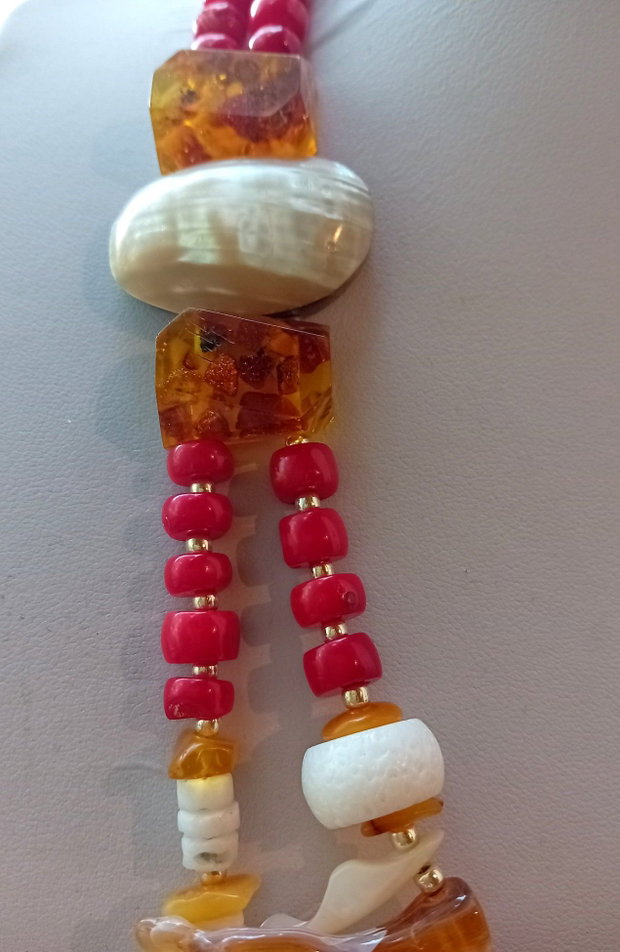 Colier coral,chihlimbar,sidef,perle cultura
