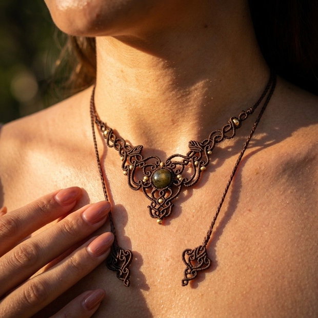 Colier Frunze Micromacrame Cu Obsidian Auriu