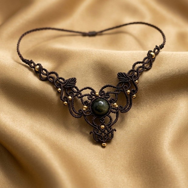 Colier Frunze Micromacrame Cu Obsidian Auriu