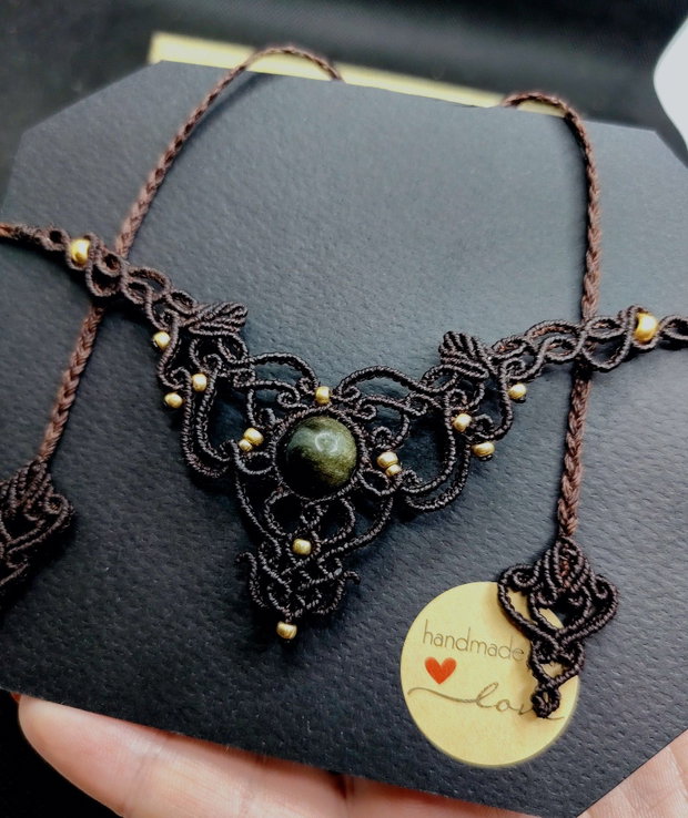 Colier Frunze Micromacrame Cu Obsidian Auriu