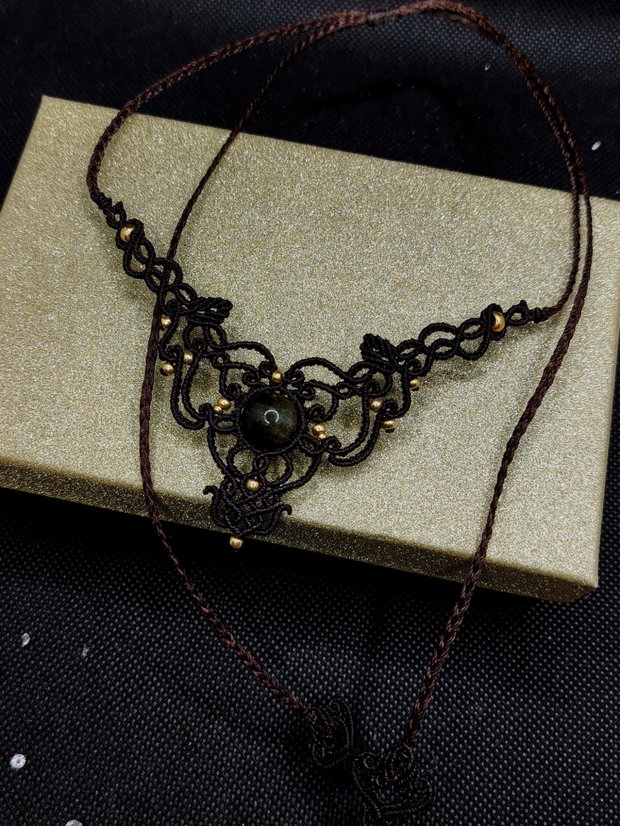 Colier Frunze Micromacrame Cu Obsidian Auriu