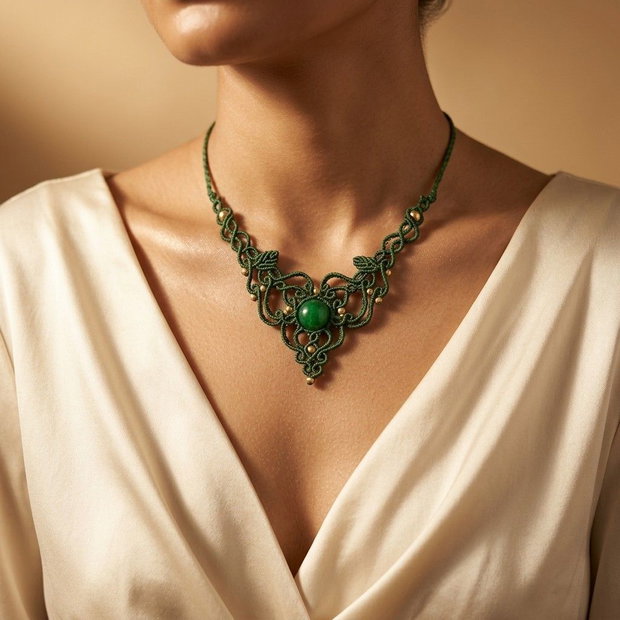 Colier delicat micromacrame cu jad verde