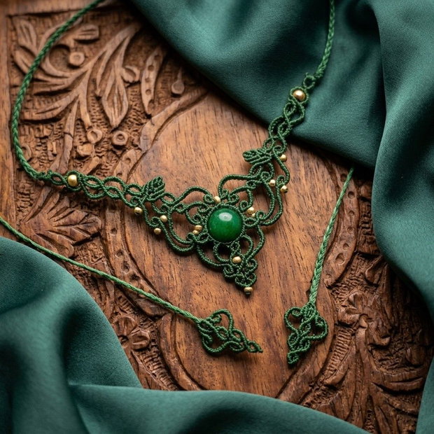 Colier delicat micromacrame cu jad verde