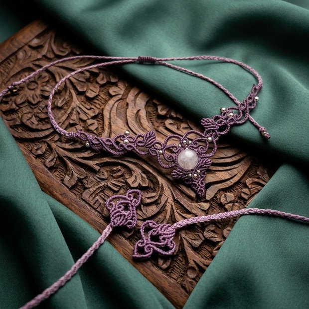 Colier delicat lilac micromacrame cu piatra lunii