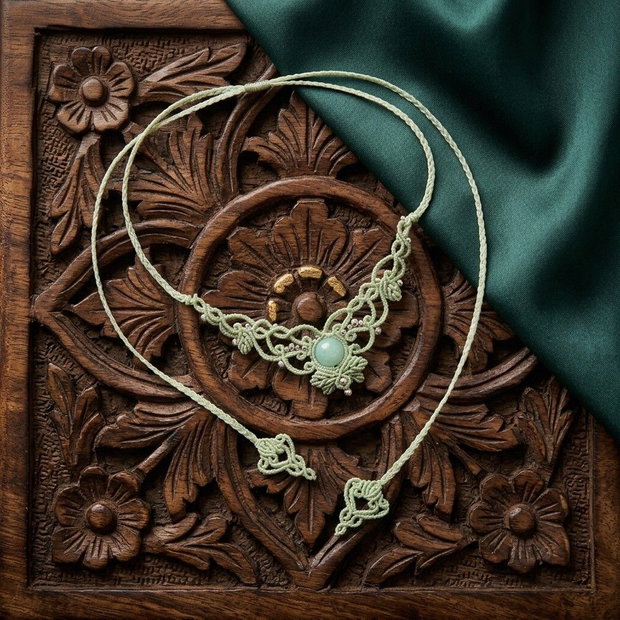 Colier delicat frunze micromacrame cu jad
