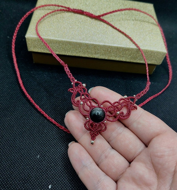 Colier delicat micromacrame cu Obsidian argintiu