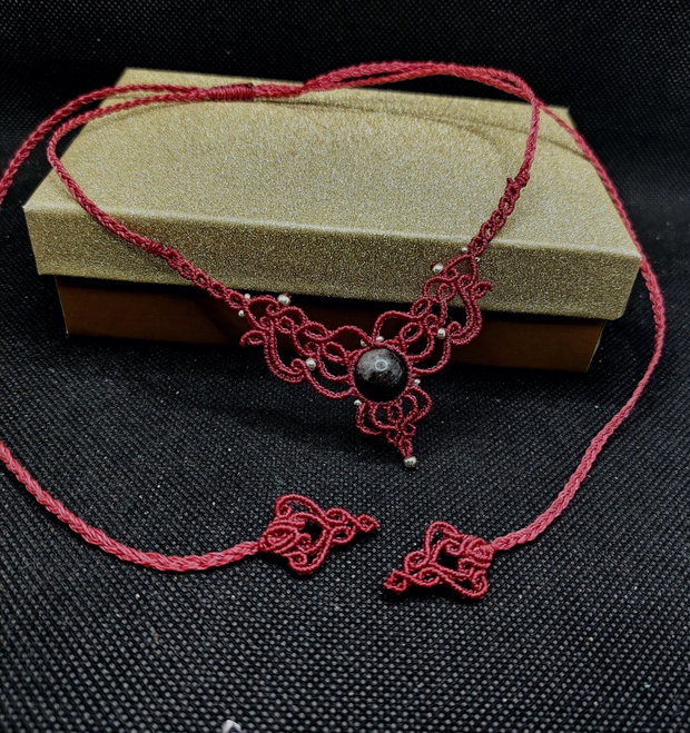 Colier delicat micromacrame cu Obsidian argintiu