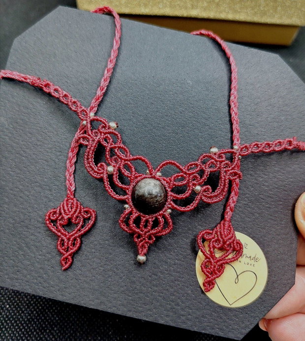 Colier delicat micromacrame cu Obsidian argintiu