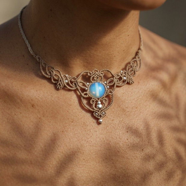 Colier delicat frunze micromacrame cu opal