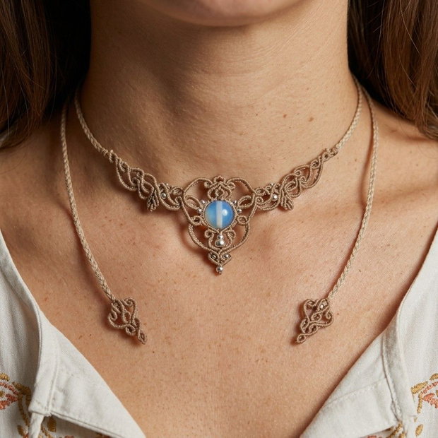 Colier delicat frunze micromacrame cu opal
