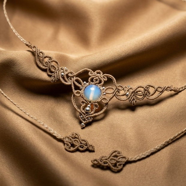 Colier delicat frunze micromacrame cu opal