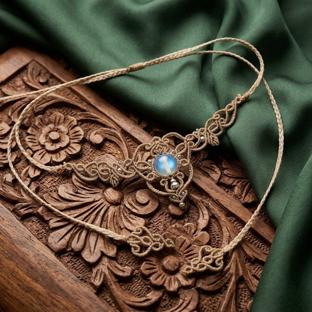 Colier delicat frunze micromacrame cu opal