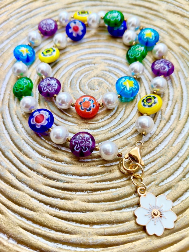 Colier Millefiori colorate & perle albe de Mallorca