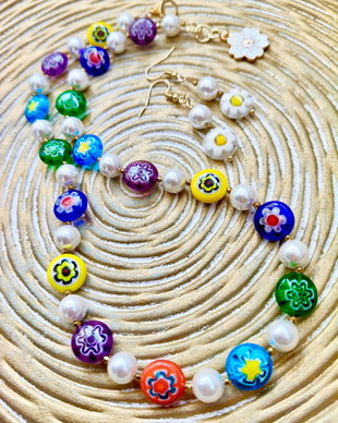 Colier Millefiori colorate & perle albe de Mallorca