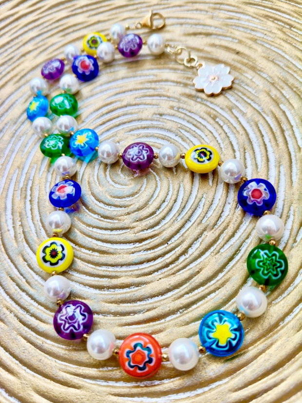 Colier Millefiori colorate & perle albe de Mallorca