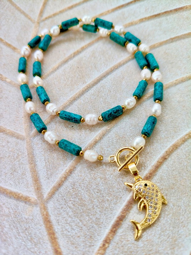 Colier Choker ceramica  & perle de cultura albe