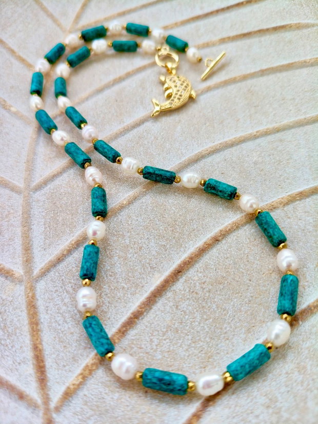 Colier Choker ceramica  & perle de cultura albe