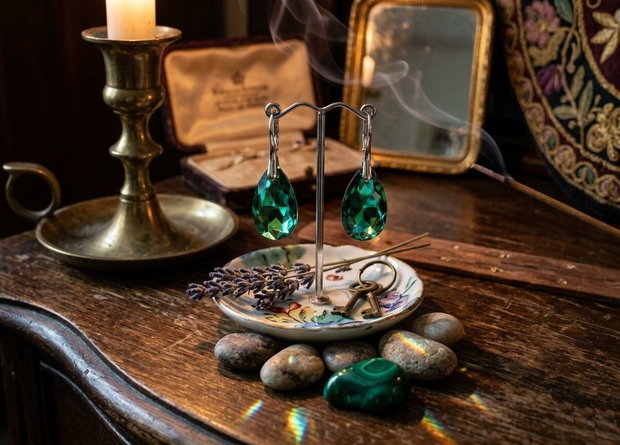 Cercei Cristale Swarovski si Argint 925 - CE253.5 - cercei verzi, cercei cristale mari, cercei stralucitori, cercei picatura, cadou romantic, cercei ocazie, cercei cadou, cadou iubita