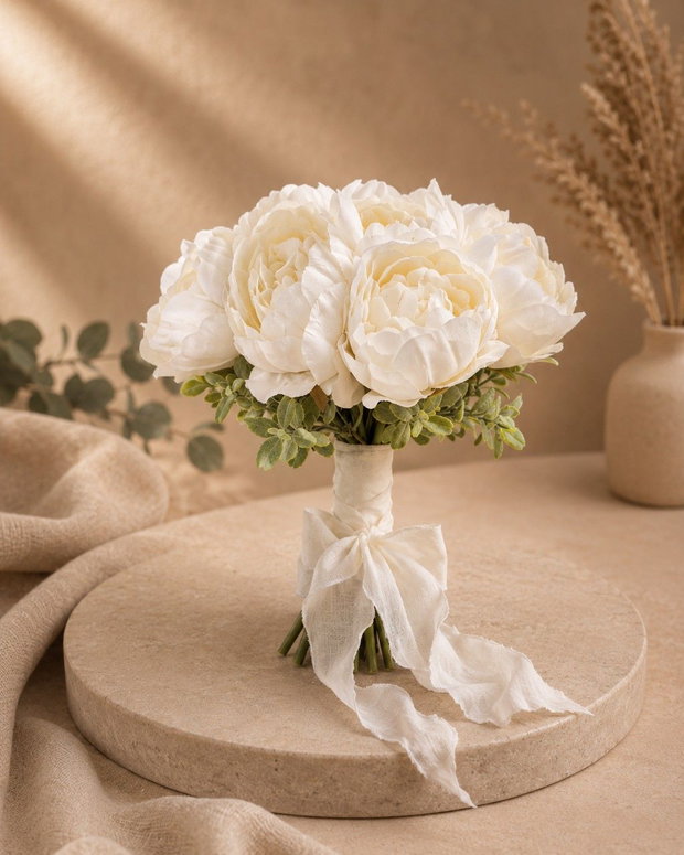 Buchet mireasă alb din 11 bujori artificiali premium elegant și romantic