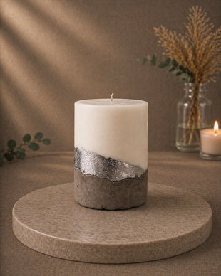 Lumânare decorativă handmade cu bază din beton și foiță de argint  10x8 cm