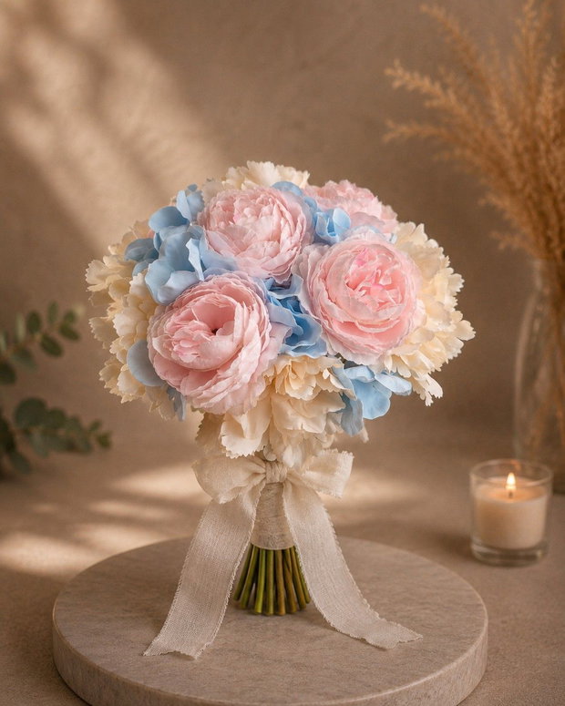 Buchet mireasă pastel cu trandafiri roz pal, hortensie bleu și crizanteme crem