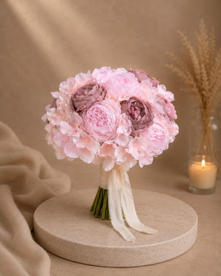 Buchet mireasă romantic roz pastel cu hortensie și trandafiri