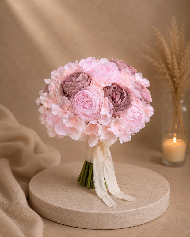 Buchet mireasă romantic roz pastel cu hortensie și trandafiri