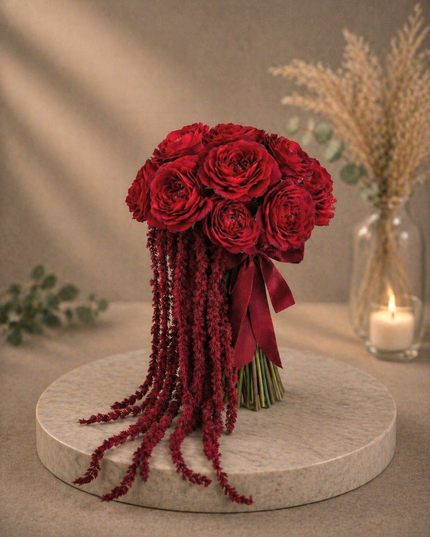 Buchet mireasă roșu burgundy cu trandafiri și amaranthus