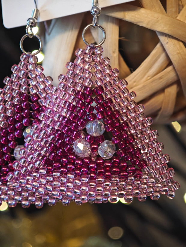 Cercei unicat roz din mărgele sticla Cehia și cristale Swarovski
