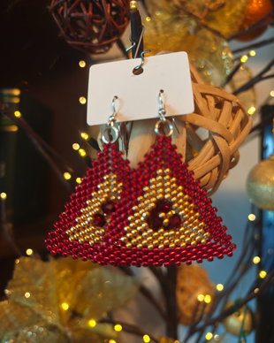 Cercei unicat rosu - auriu din mărgele sticla Cehia și cristale Swarovski
