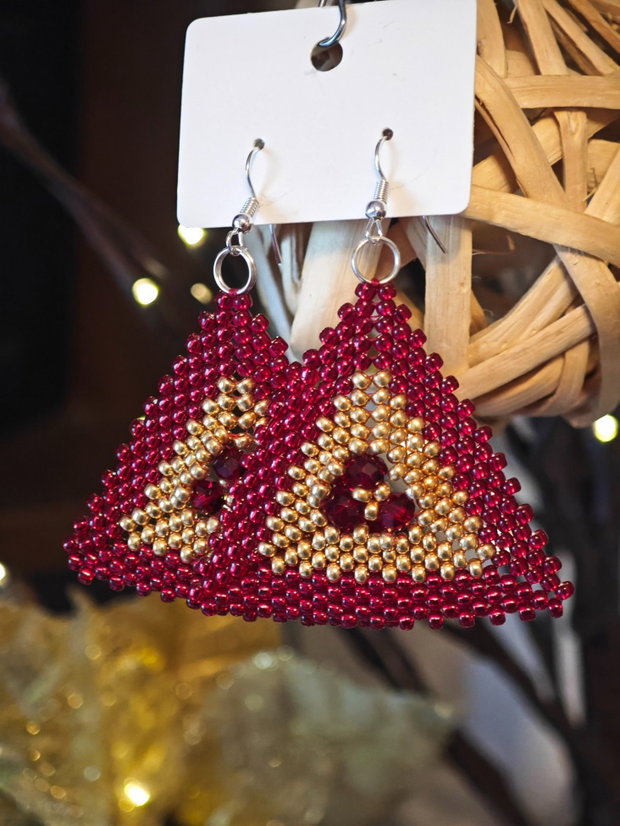 Cercei unicat rosu - auriu din mărgele sticla Cehia și cristale Swarovski