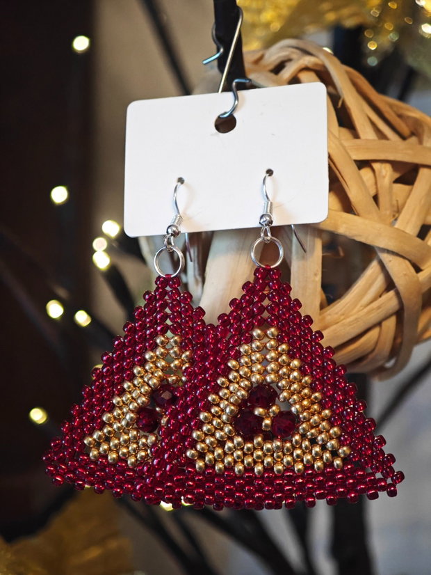 Cercei unicat rosu - auriu din mărgele sticla Cehia și cristale Swarovski