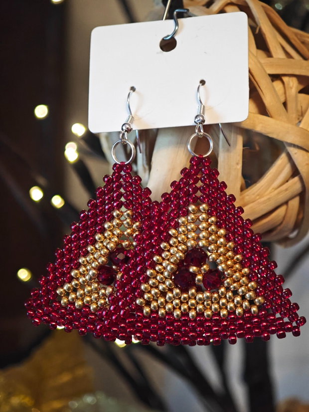 Cercei unicat rosu - auriu din mărgele sticla Cehia și cristale Swarovski