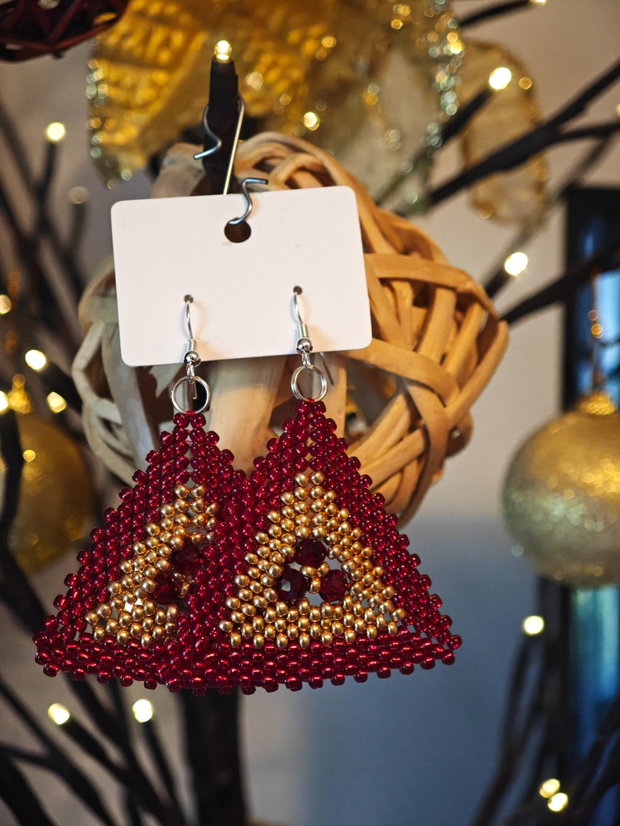 Cercei unicat rosu - auriu din mărgele sticla Cehia și cristale Swarovski