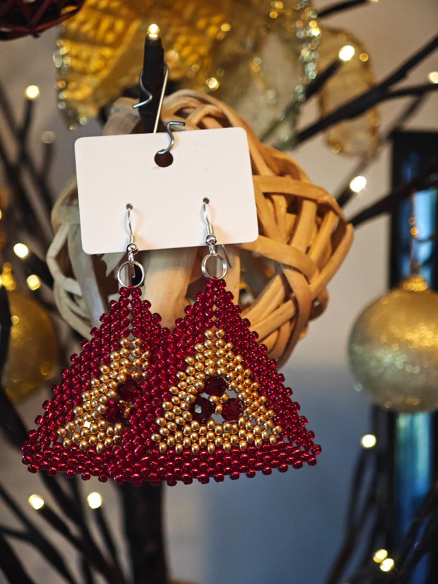 Cercei unicat rosu - auriu din mărgele sticla Cehia și cristale Swarovski